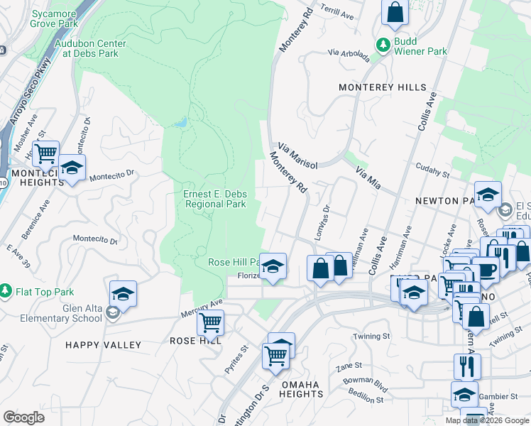 map of restaurants, bars, coffee shops, grocery stores, and more near North Park Vista Terrace in Los Angeles