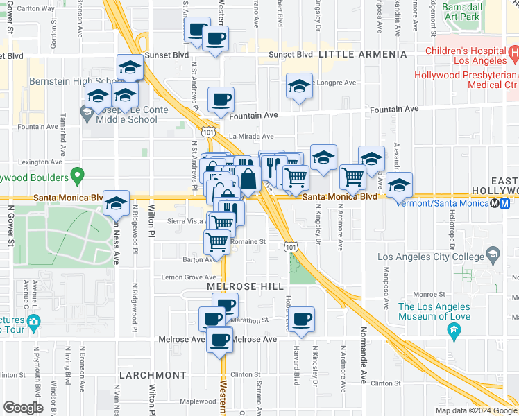 map of restaurants, bars, coffee shops, grocery stores, and more near 5301 Sierra Vista Avenue in Los Angeles