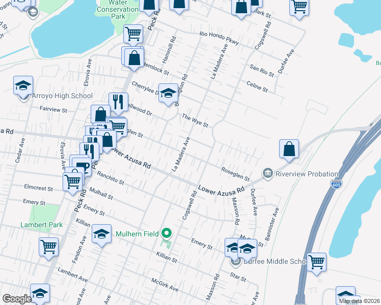 map of restaurants, bars, coffee shops, grocery stores, and more near 11917 Roseglen Street in El Monte