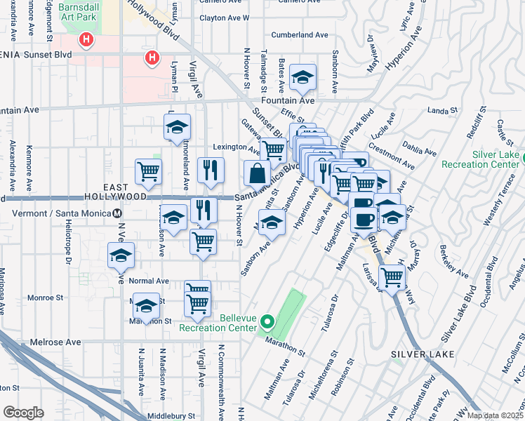 map of restaurants, bars, coffee shops, grocery stores, and more near 971 Manzanita Street in Los Angeles