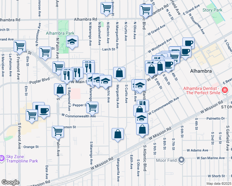 map of restaurants, bars, coffee shops, grocery stores, and more near 33 Marguerita Avenue in Alhambra