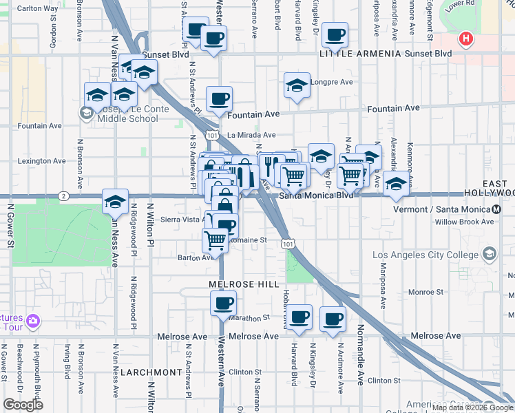 map of restaurants, bars, coffee shops, grocery stores, and more near 5301 Sierra Vista Avenue in Los Angeles