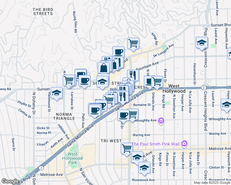 map of restaurants, bars, coffee shops, grocery stores, and more near 8558 Holloway Drive in West Hollywood