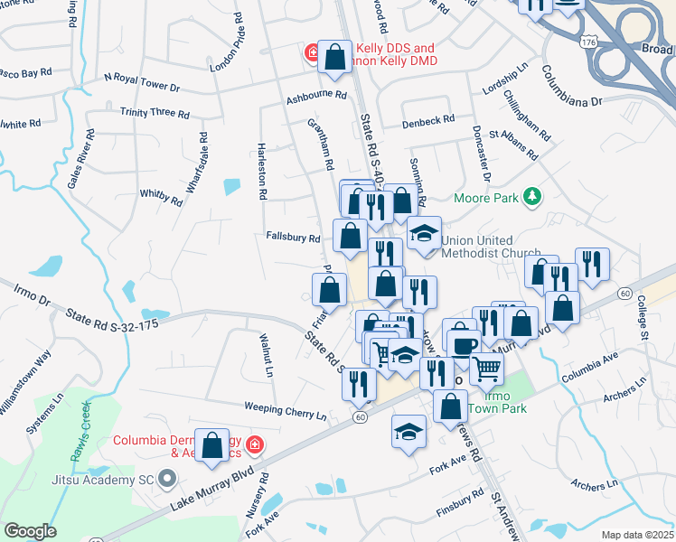 map of restaurants, bars, coffee shops, grocery stores, and more near 249 Friarsgate Boulevard in Irmo