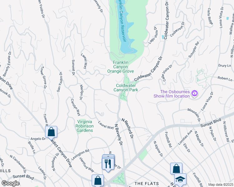 map of restaurants, bars, coffee shops, grocery stores, and more near 1021 North Beverly Drive in Beverly Hills