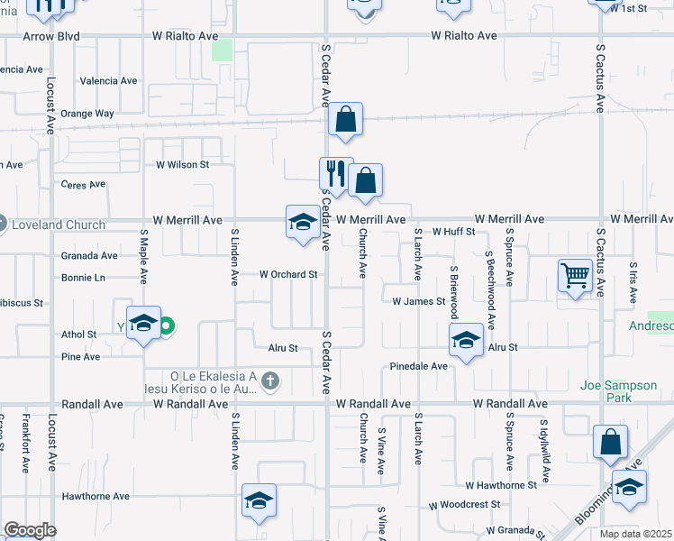 map of restaurants, bars, coffee shops, grocery stores, and more near 589 South Cedar Avenue in Bloomington