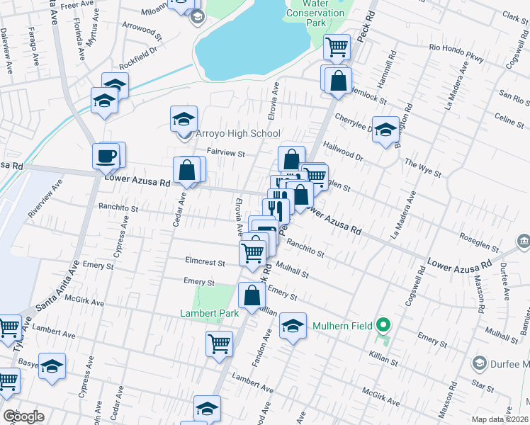 map of restaurants, bars, coffee shops, grocery stores, and more near 11510 Lower Azusa Road in El Monte