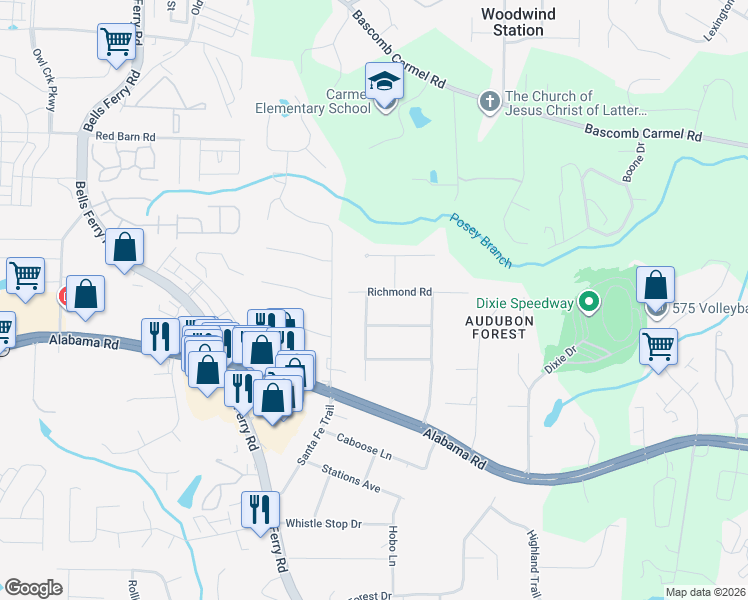 map of restaurants, bars, coffee shops, grocery stores, and more near 3044 Richmond Road in Woodstock