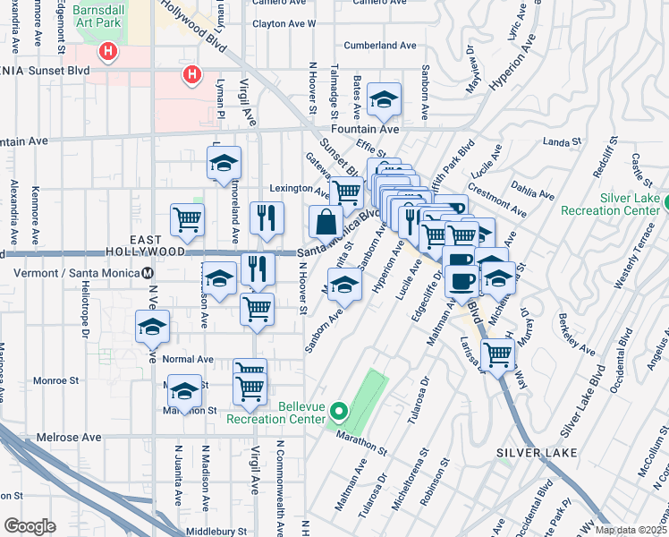 map of restaurants, bars, coffee shops, grocery stores, and more near 971 Manzanita Street in Los Angeles