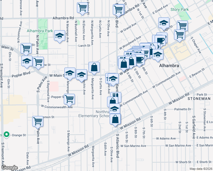 map of restaurants, bars, coffee shops, grocery stores, and more near 20s South Olive Avenue in Alhambra