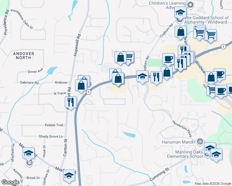 map of restaurants, bars, coffee shops, grocery stores, and more near 930 Winthrope Chase Court in Alpharetta