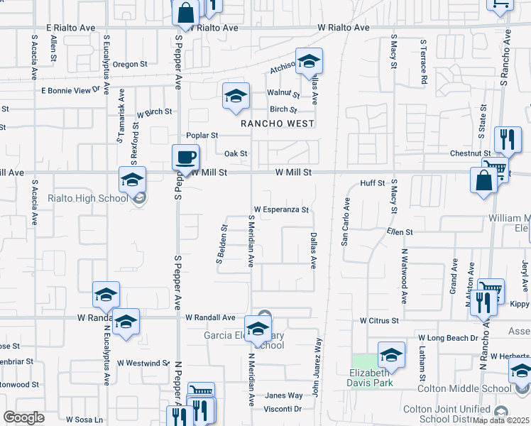 map of restaurants, bars, coffee shops, grocery stores, and more near 605 South Marvin Drive in San Bernardino
