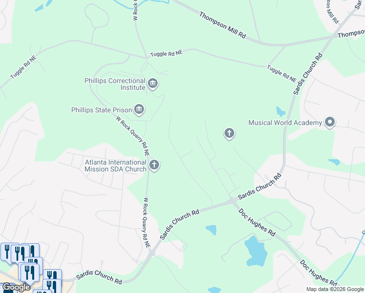 map of restaurants, bars, coffee shops, grocery stores, and more near 2677 Sardis Way in Buford
