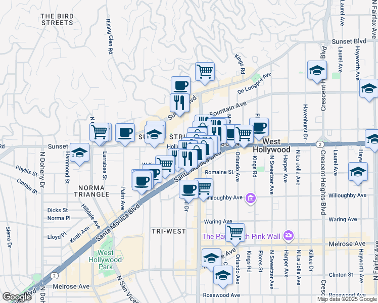 map of restaurants, bars, coffee shops, grocery stores, and more near 8510 Holloway Drive in West Hollywood