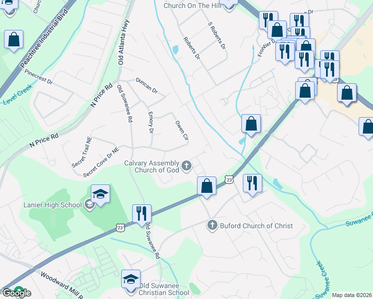map of restaurants, bars, coffee shops, grocery stores, and more near 1162 Owen Circle in Sugar Hill