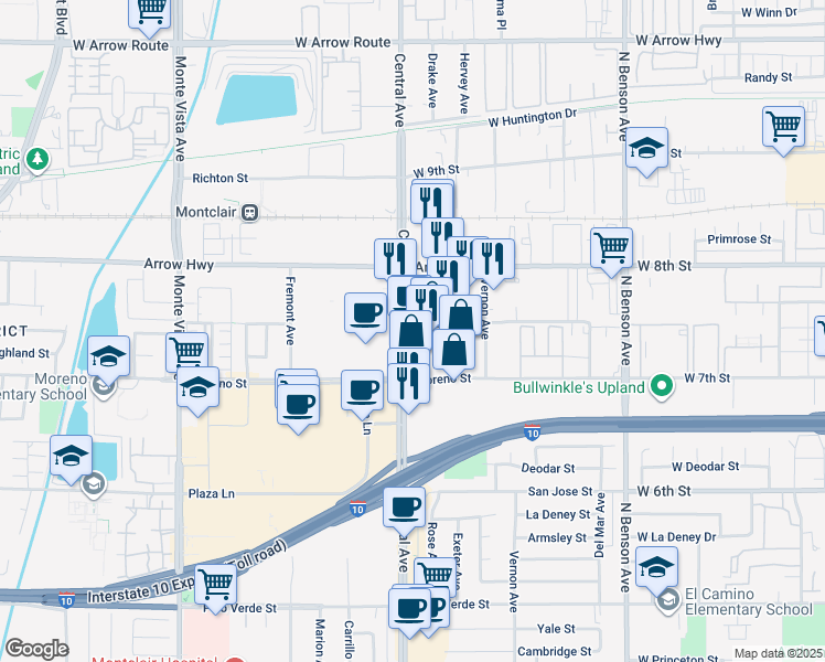 map of restaurants, bars, coffee shops, grocery stores, and more near 5301-5355 Olive Street in Montclair