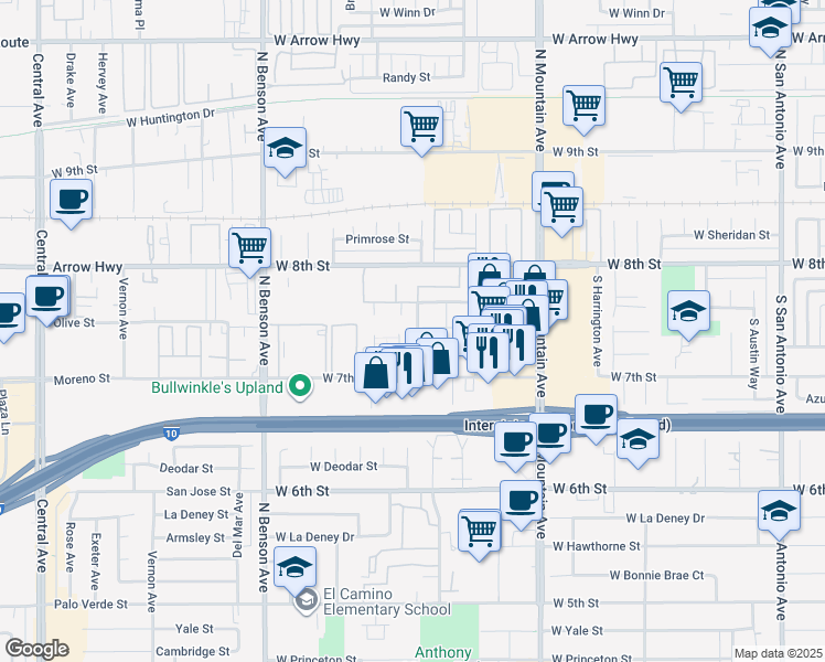 map of restaurants, bars, coffee shops, grocery stores, and more near 321 South Spencer Avenue in Upland