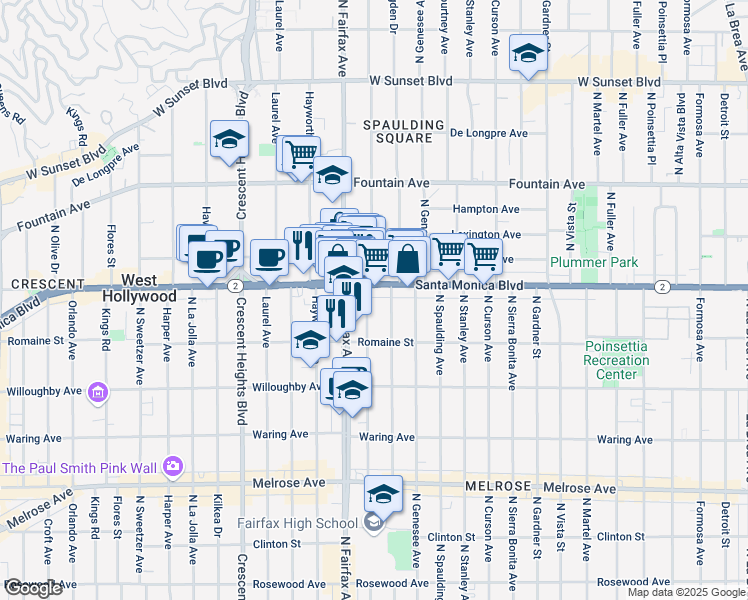 map of restaurants, bars, coffee shops, grocery stores, and more near 1062 North Orange Grove Avenue in West Hollywood