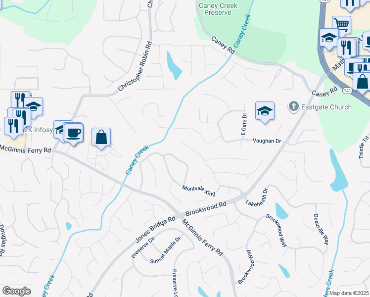 map of restaurants, bars, coffee shops, grocery stores, and more near 3665 Evonvale Glen in Cumming
