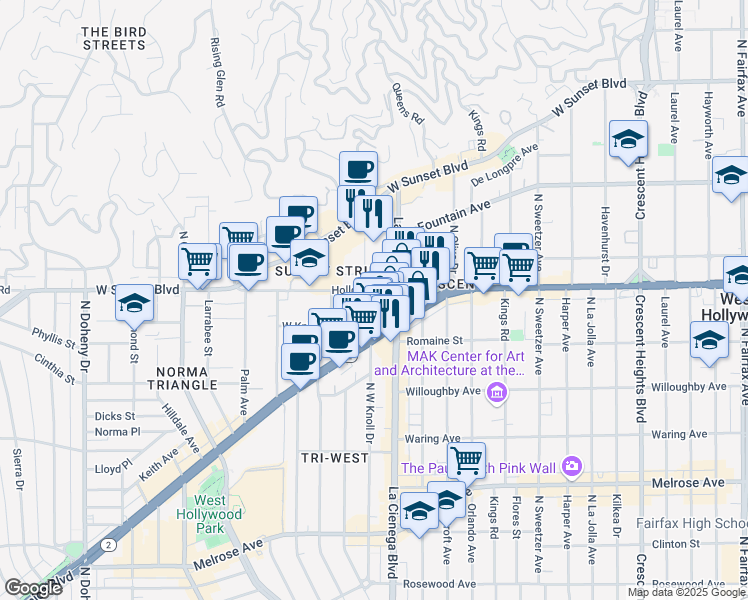 map of restaurants, bars, coffee shops, grocery stores, and more near 8510 Holloway Drive in West Hollywood