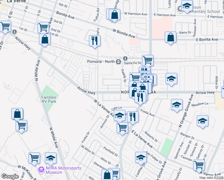 map of restaurants, bars, coffee shops, grocery stores, and more near 326 Canfield Avenue in Pomona