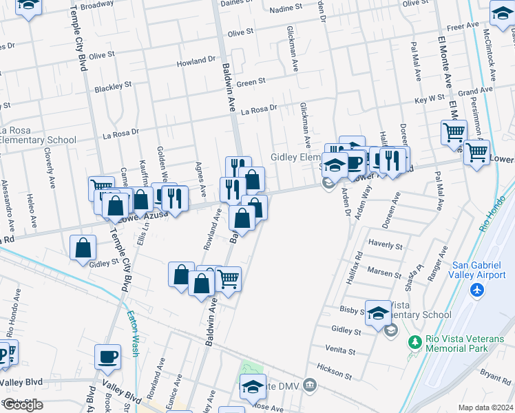 map of restaurants, bars, coffee shops, grocery stores, and more near 10018 Lower Azusa Road in El Monte