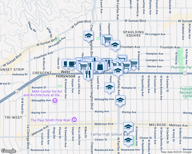 map of restaurants, bars, coffee shops, grocery stores, and more near 1037 Laurel Avenue in West Hollywood