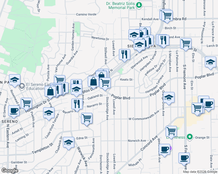 map of restaurants, bars, coffee shops, grocery stores, and more near 3819 Stockbridge Avenue in Los Angeles
