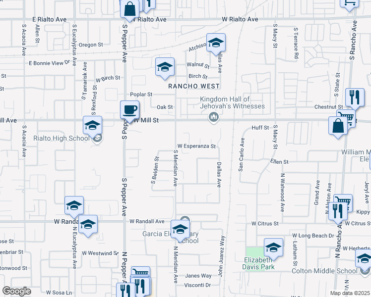 map of restaurants, bars, coffee shops, grocery stores, and more near 605 South Marvin Drive in San Bernardino