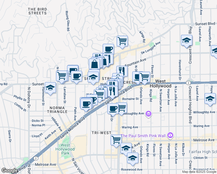 map of restaurants, bars, coffee shops, grocery stores, and more near 8558 Holloway Drive in West Hollywood