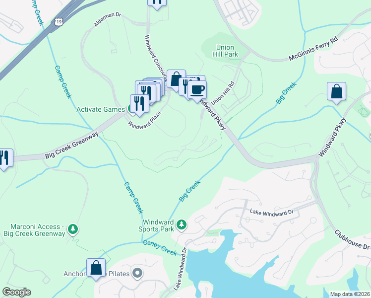 map of restaurants, bars, coffee shops, grocery stores, and more near 4005 Market Place in Alpharetta