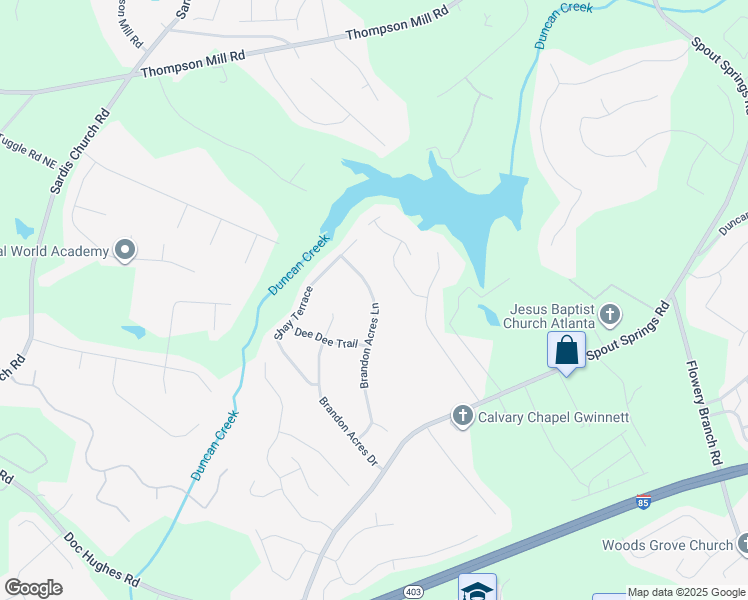 map of restaurants, bars, coffee shops, grocery stores, and more near 4821 Brandon Acres Lane in Buford