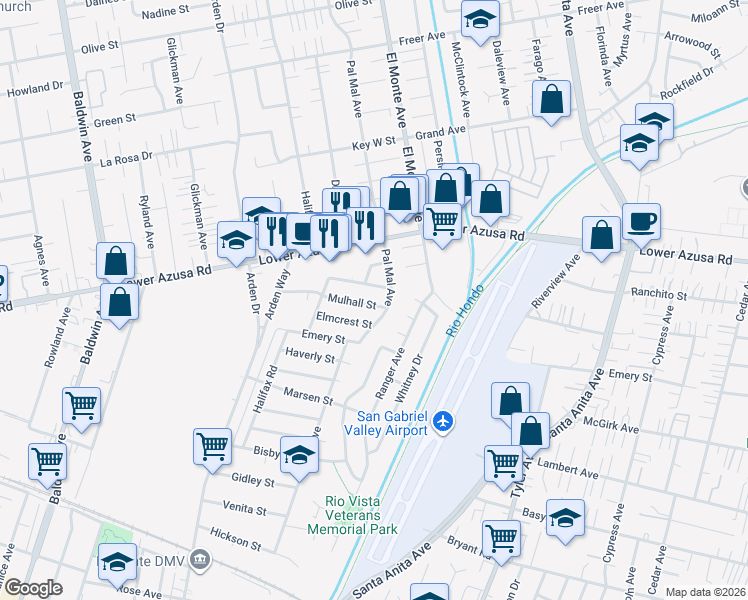 map of restaurants, bars, coffee shops, grocery stores, and more near 10633 Mulhall Street in El Monte