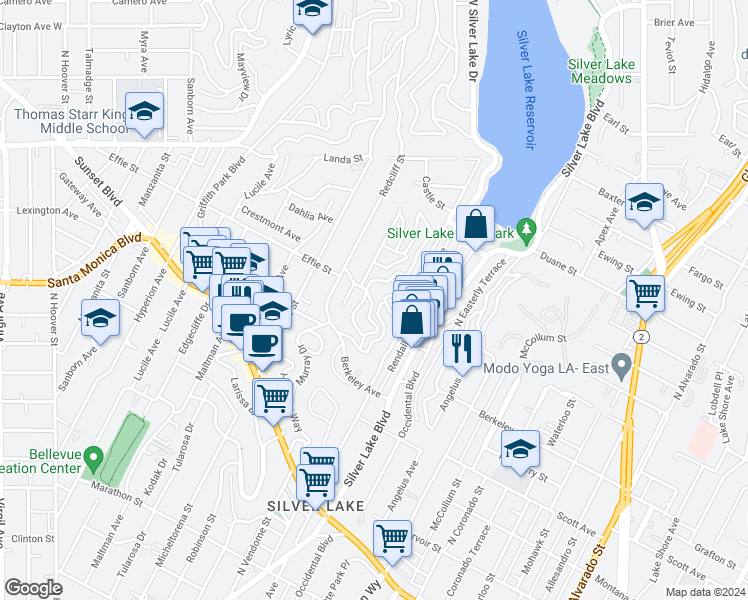 map of restaurants, bars, coffee shops, grocery stores, and more near 1678 Rotary Drive in Los Angeles