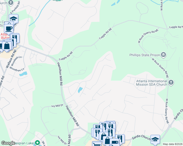 map of restaurants, bars, coffee shops, grocery stores, and more near 3980 Plantation Mill Drive in Buford