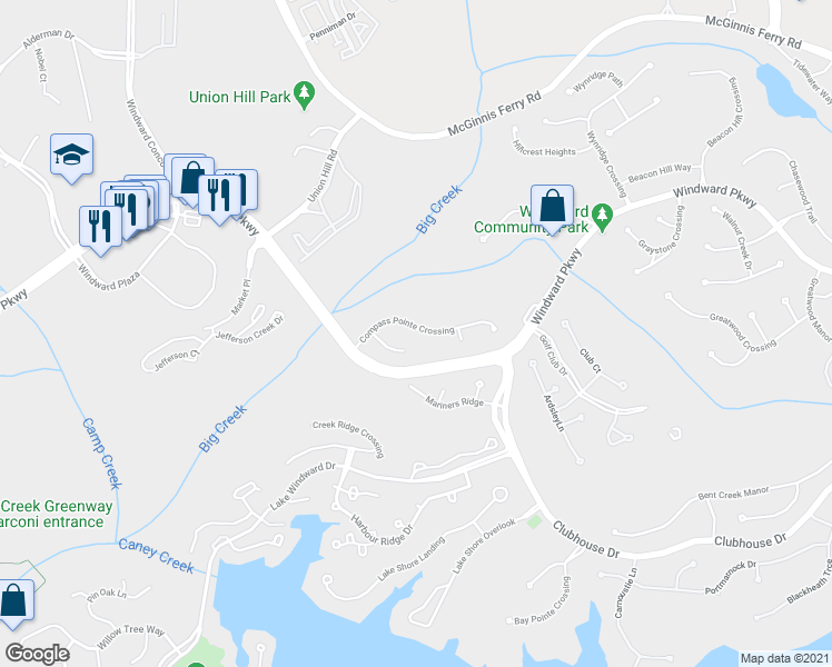 map of restaurants, bars, coffee shops, grocery stores, and more near 1185 Compass Pointe Crossing in Alpharetta