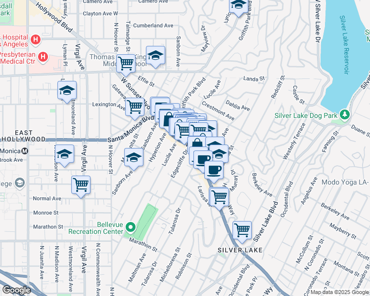map of restaurants, bars, coffee shops, grocery stores, and more near 3700 West Sunset Boulevard in Los Angeles