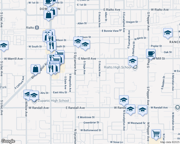 map of restaurants, bars, coffee shops, grocery stores, and more near 426 East Orchard Street in Rialto