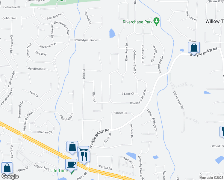map of restaurants, bars, coffee shops, grocery stores, and more near 165 Colemans Bluff Drive in Woodstock