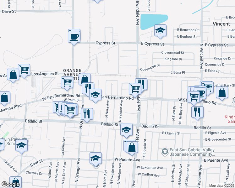 map of restaurants, bars, coffee shops, grocery stores, and more near 1513 West San Bernardino Road in West Covina