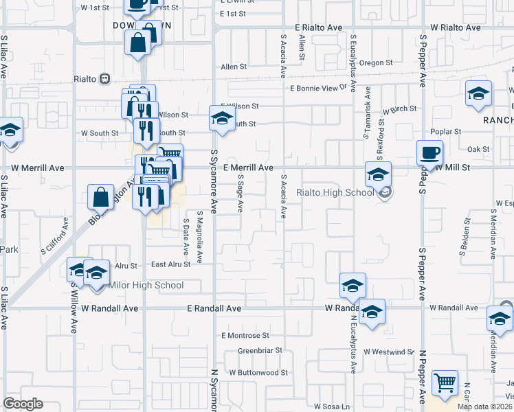 map of restaurants, bars, coffee shops, grocery stores, and more near 437 East Carter Street in Rialto