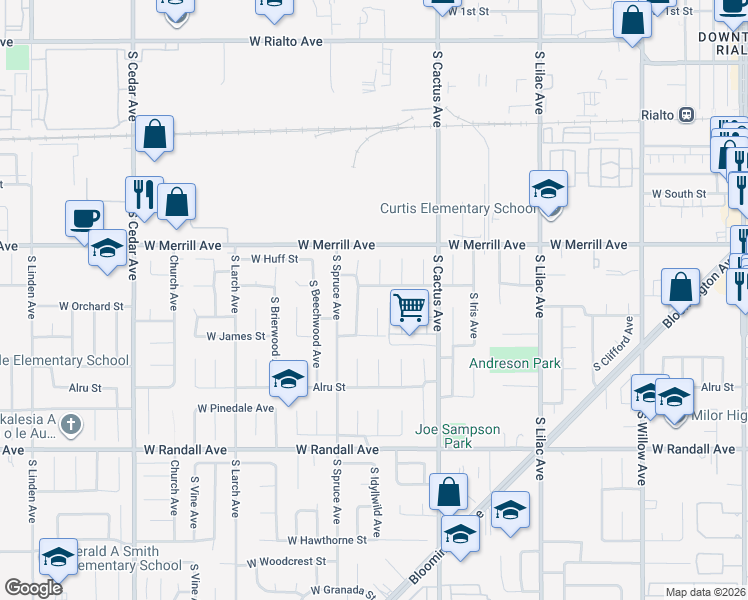map of restaurants, bars, coffee shops, grocery stores, and more near 787 West Carter Street in Rialto