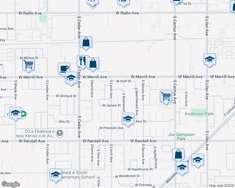 map of restaurants, bars, coffee shops, grocery stores, and more near 1071 West Carter Street in Rialto