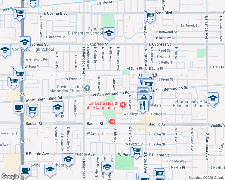 map of restaurants, bars, coffee shops, grocery stores, and more near 524 North Valencia Place in Covina