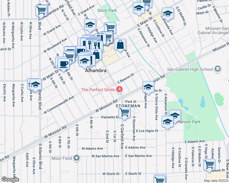 map of restaurants, bars, coffee shops, grocery stores, and more near 420 South Garfield Avenue in Alhambra