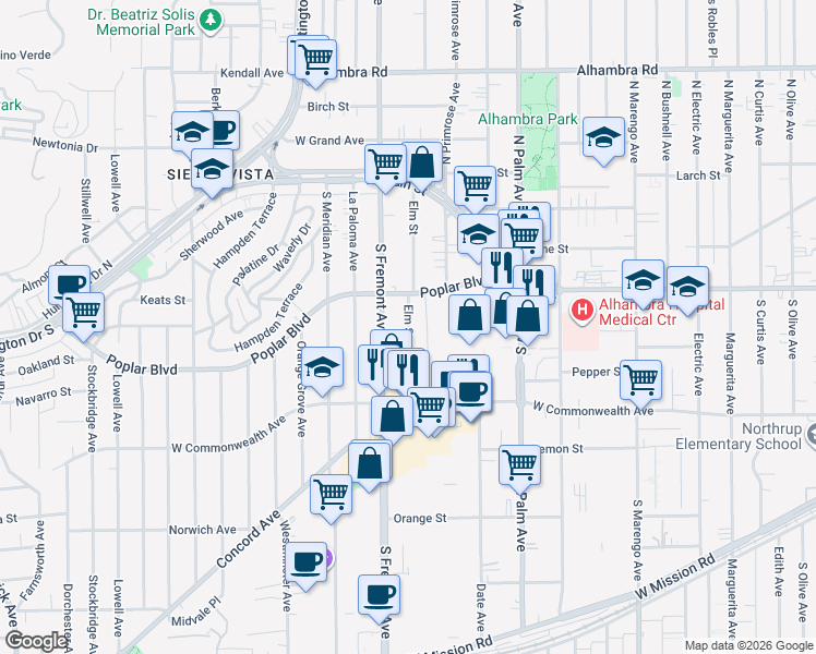 map of restaurants, bars, coffee shops, grocery stores, and more near 326 Cypress Avenue in Alhambra