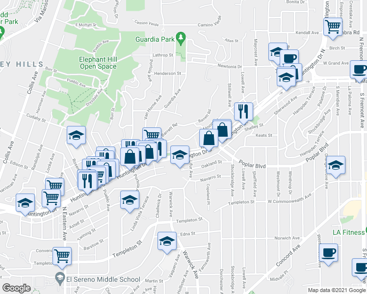 map of restaurants, bars, coffee shops, grocery stores, and more near 5239 Huntington Drive North in Los Angeles