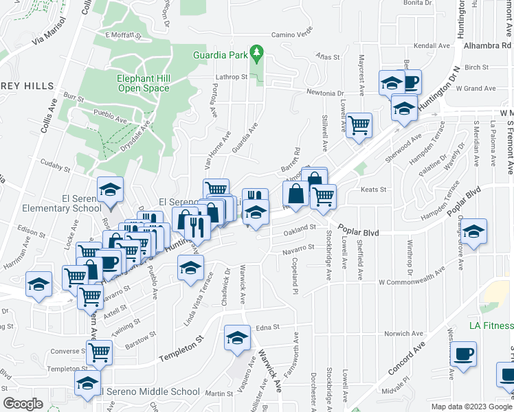 map of restaurants, bars, coffee shops, grocery stores, and more near 5172 Almont Street in Los Angeles