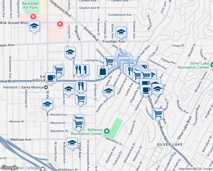 map of restaurants, bars, coffee shops, grocery stores, and more near 4019 Del Mar Avenue in Los Angeles