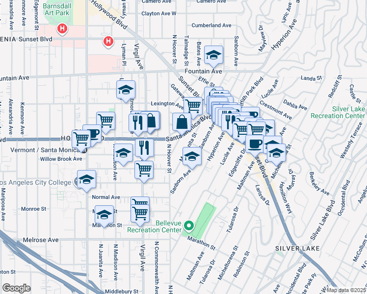 map of restaurants, bars, coffee shops, grocery stores, and more near in Los Angeles